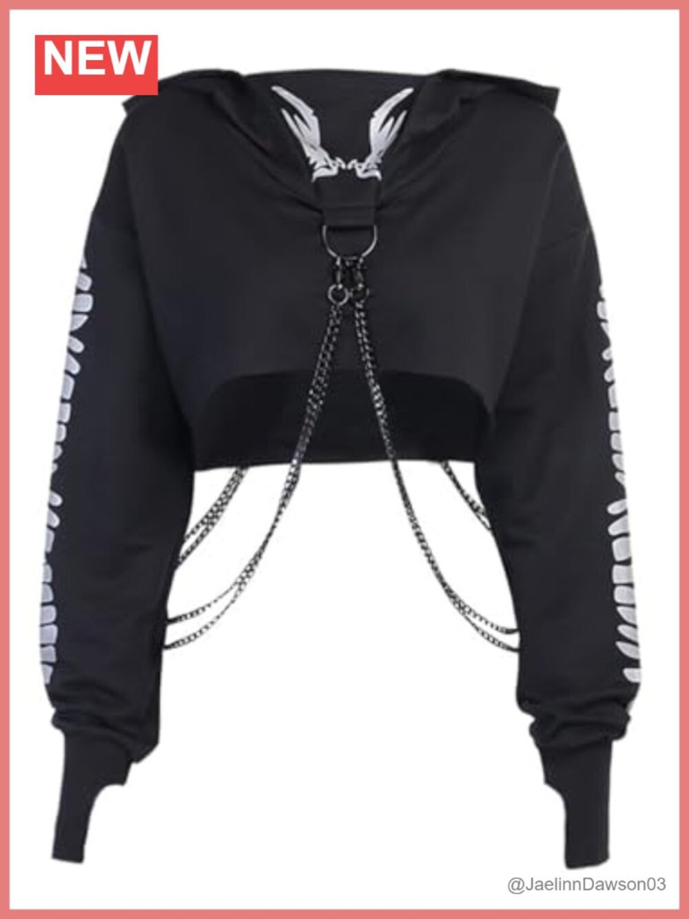 Gothic Crop Hoodie Long Sleeve Reflective Skull Print Pullover